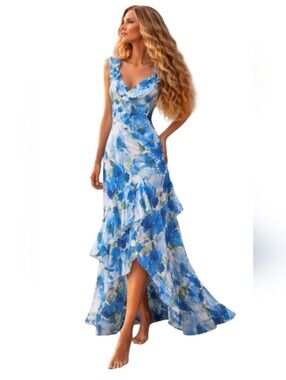 Alex Marie NWT Blue Floral Tiered Maxi Dress Assymetrical Ruffled Bottom Hem